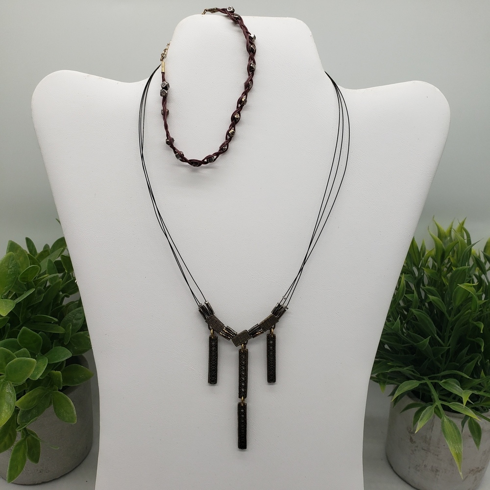 Chic Black Gold Beaded Necklace by Umtha and Roped Bracelet with Beaded Accents